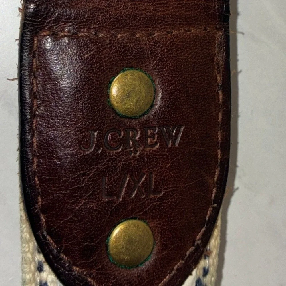J.Crew Cream Navy D-Ring Belt - L/XL - Leather Trim Chevron Canvas Preppy Boho